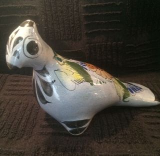Vintage Tonala Mexican Folk Art Clay Pottery Footed Bird Blue Floral Handpainted