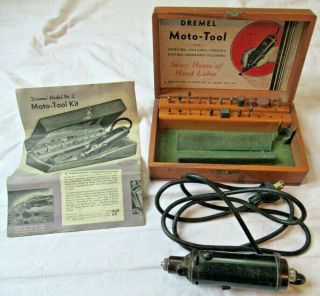 Vintage Dremel Moto Tool Model No.  2 W/ Wood Storage Box,  Bits & Pamphlet