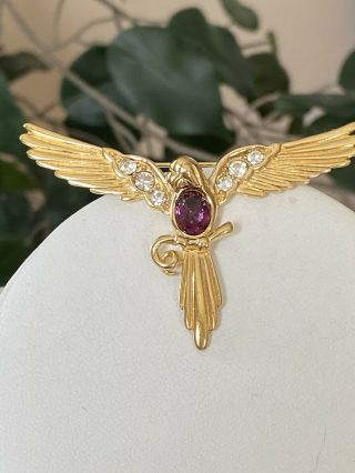 Vintage Signed Givenchy Purple Rhinestone Belly Parrot Bird In Flight Brooch Pin