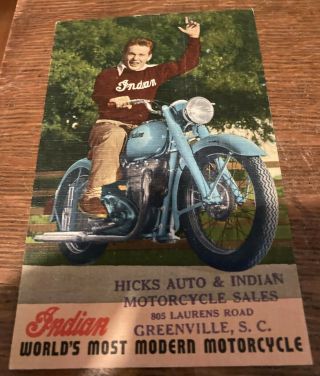 Vintage 1948 Indian Motorcycle Postcard - From Dealership In Sc - Color Photo - Arrow,