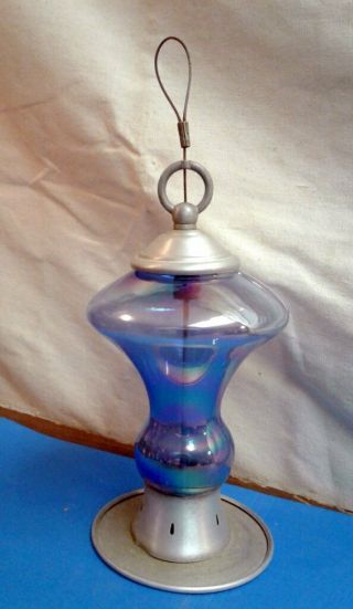 Vintage Glass Aluminum Thistle Feeder Blue Iridized Glass