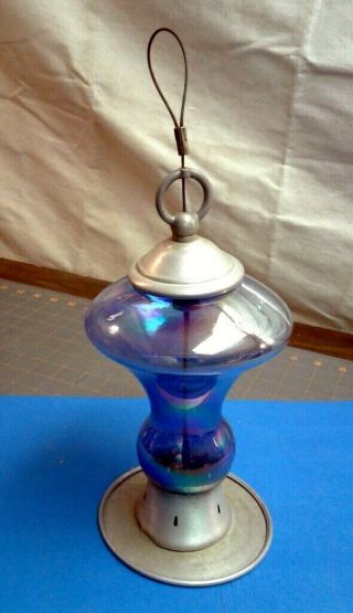 Vintage Glass Aluminum Thistle Feeder Blue Iridized Glass 2