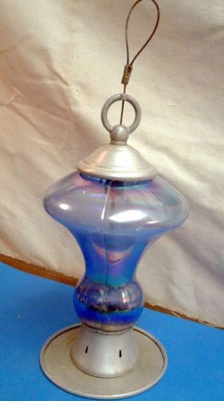 Vintage Glass Aluminum Thistle Feeder Blue Iridized Glass 3