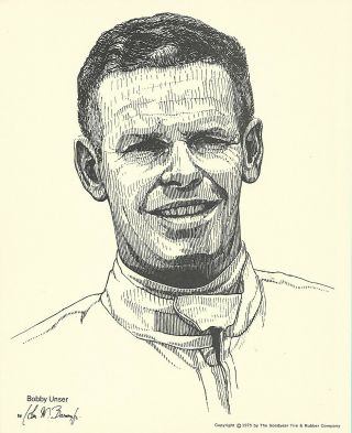 Print: Bobby Unser Portrait.  1975.  Goodyear Tire.  Auto Racing.  Indy 500.