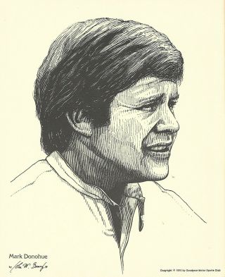 Print: Mark Donohue Portrait.  1975.  Goodyear Tire.  Auto Racing.  Indy 500.