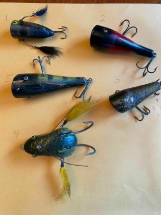 5 Vintage Wood Fishing Lures With Glass Eyes Unmarked