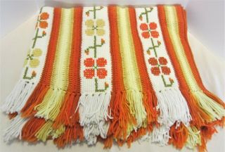 Vintage Hand Crocheted Embroidered Throw Afghan 64 " X 44 " Yellow,  White,  Orange