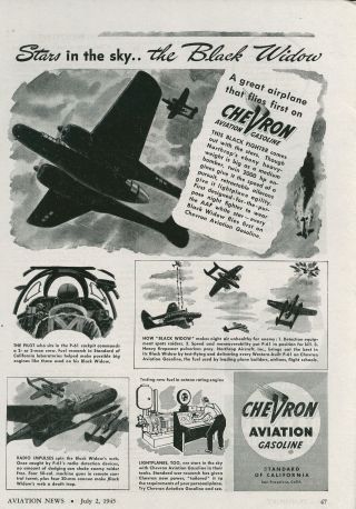 1945 Chevron Aviation Gasoline Ad Northrop P - 61 Black Widow Air Force Wwii