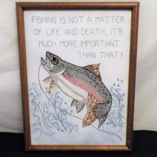 Vintage Wood Frame Trout Fish Hand Embroidered Colorful Art Picture Wall Hanging