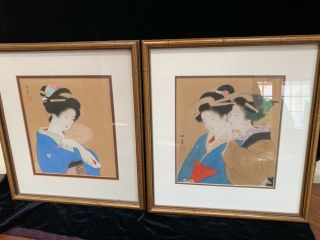 Antique Meiji Pair Japanese Watercolor Paintings Geishas Signed 17x15”