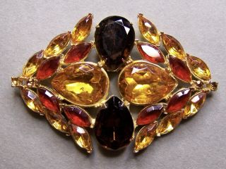 Huge Vintage Rhinestone Brooch Pin Amber Topaz Gold Fall Colors Statement Piece