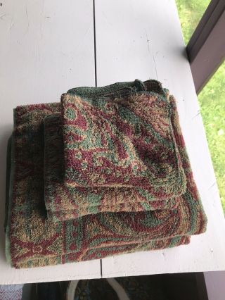 Vintage Ralph Lauren Paisley Bath Towels Set Of 6 Maroon Green Gold Made In Usa