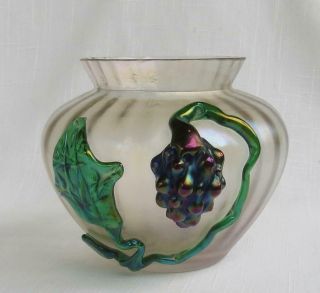 Antique Kralik Iridescent Art Glass Vase With Applied Grapes