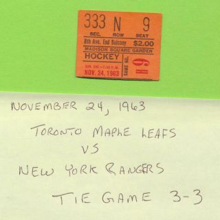 Vintage Nov.  24,  1963 Toronto Maple Leafs @ York Rangers Ticket Stub