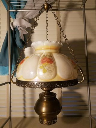 Vintage Antique Brass with Hand Painted Hurricane Globe Hanging Swag Lamp 2