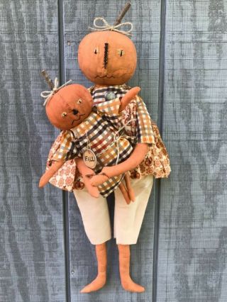 Primitive Halloween Fall Pumpkin Doll Door Hanger With Her Little Pumpkin