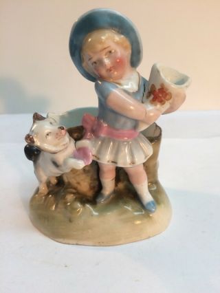 Antique Porcelain Conta & Boehme Girl With Puppy Dog Match Holder