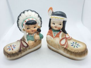 Vintage Native American Children In Moccasins Salt And Pepper Shaker Set Japan