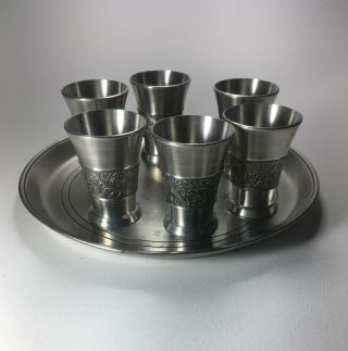 Vtg 6 Pewter Rein Zinn Bmf Shot Glasses Tray Made W Germany 2 1/4 Inch 2 Ounce