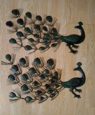 Vintage Mid Century Set Of 2 Pressed Tin Peacock Green Gold Metal Wall Hangings