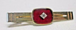 Vintage Tie Clasp Bar Clip Gold Tone Red Crystal Unsigned Rhinestone