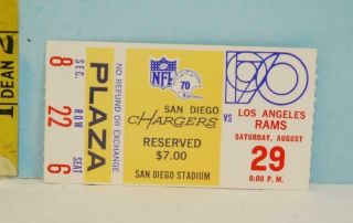 1970 San Diego Chargers V Los Angeles Rams Ticket Stub Aug.  29 Nfl Pepsi