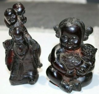 2 Antique Rare Chinese Dark Cherry Amber Figurines