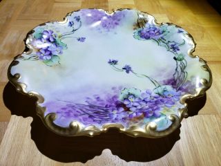 Antique Gda Limoges France Hand Painted Floral Lilacs Porcelain Plate 12inch