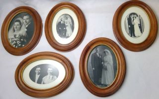 5 Vintage Antique Wedding Photo Prints Cherry Wood Frames Oval 1941 1913 1899