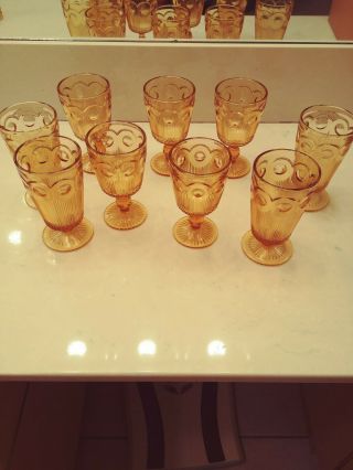 Set Of 5 Vintage Amber Indiana Cut Wine Goblets,  And 4 Footed Water Glass Set