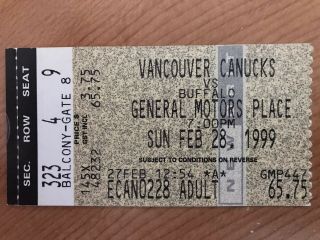 1998 - 99 Vancouver Canucks Vs Buffalo Sabres Ticket Stub