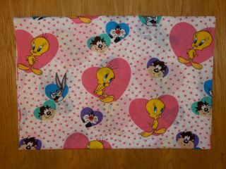 Vtg 90s Looney Tunes Tweety Bird Bugs Bunny Taz Pink Flat Bed Sheet 94” X 69 "