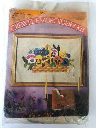 Pauline Denham 6036 Basket Of Pansies Crewel Embroidery Kit Vtg 1973 14 " X20 "