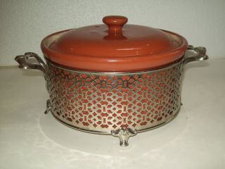 Vintage Guernsey Cooking Ware Brown Bean Pot Casserole With Filigree Metal Stand