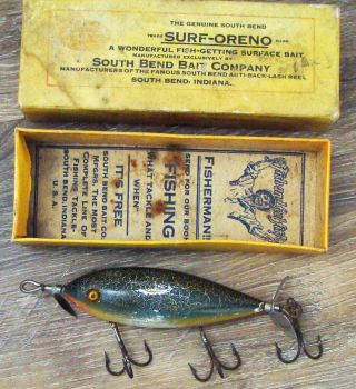 Vintage South Bend Surf Oreno 963 Wood Fishing Lure & Correct Box