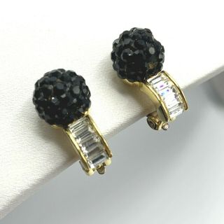 Vtg Gold Tone Clip On Earrings Black Crystal Ball Faux Diamond Bezel Set