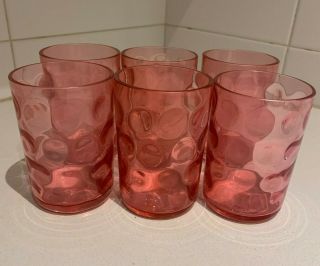 Mcm Set Of 6 Vintage Pink Glass Drinking Glasses Embossed Circles Bubbles 8 Oz