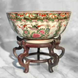 Vintage Chinese Porcelain Birds Of Paradise Hand Painted Bowl W/ Wood Stand