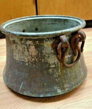 Antique Large Copper Pot Caldron W/ Wrought Iron Hammered Handles