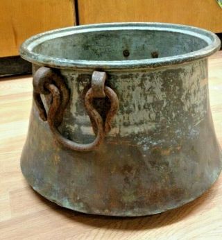 Antique Large Copper Pot Caldron W/ Wrought Iron Hammered Handles 2