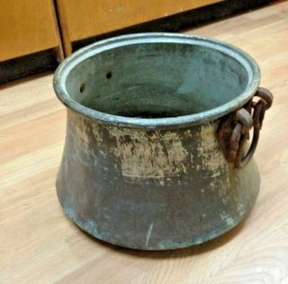 Antique Large Copper Pot Caldron W/ Wrought Iron Hammered Handles 3