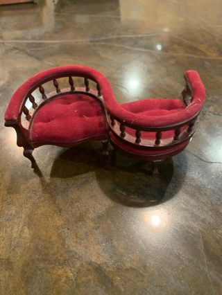 Vintage Doll House Furniture Red Velvet Double Parlor Sofa Chair