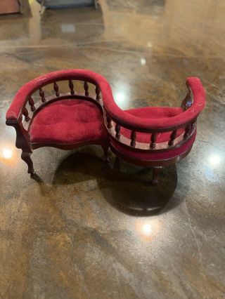 Vintage Doll House Furniture Red Velvet Double Parlor Sofa Chair 2