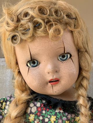 Vintage Doll,  Unmarked.  Creepy Eyes Open And Close,  With Stand.