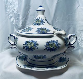 Vintage “norleans” Japan Blue And Pink Flowers Soup Tureen With Lid & Ladle