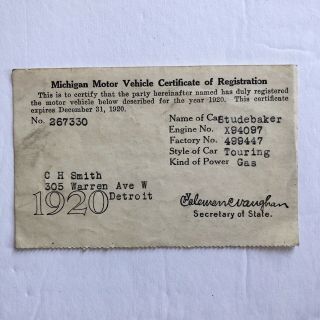 1920 Studebaker Detroit Michigan Car Vehicle Registration