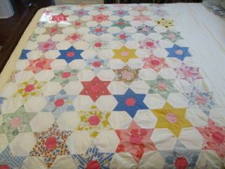 Vintage Hand - Sewn Patchwork Quilt Top - Old Material - Hexagon Star