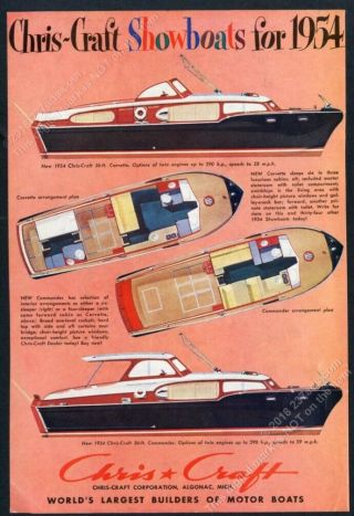 1954 Chris Craft Corvette Commander Boat Showboat Color Art Vintage Print Ad