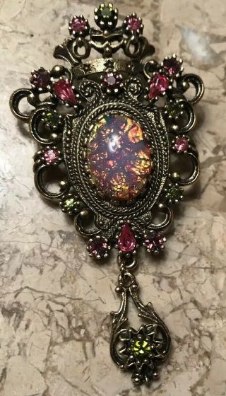 Vtg Signed Sarah Coventry Contessa Faux Opal & Pink Rhinestone Crown Pendant Pin