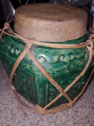 Antique Shiwan Green Jade Glazed Hexagonal Earthenware Ginger Jar Raffia W/lid